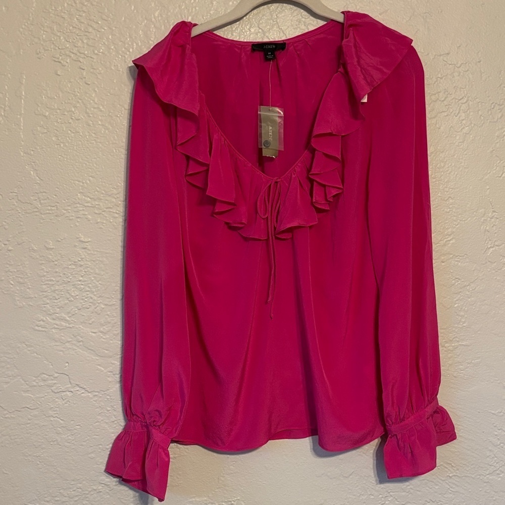 NWT 100% Silk J. Crew Vibrant Pink Long Sleeve tie front  Ruffle Blouse M